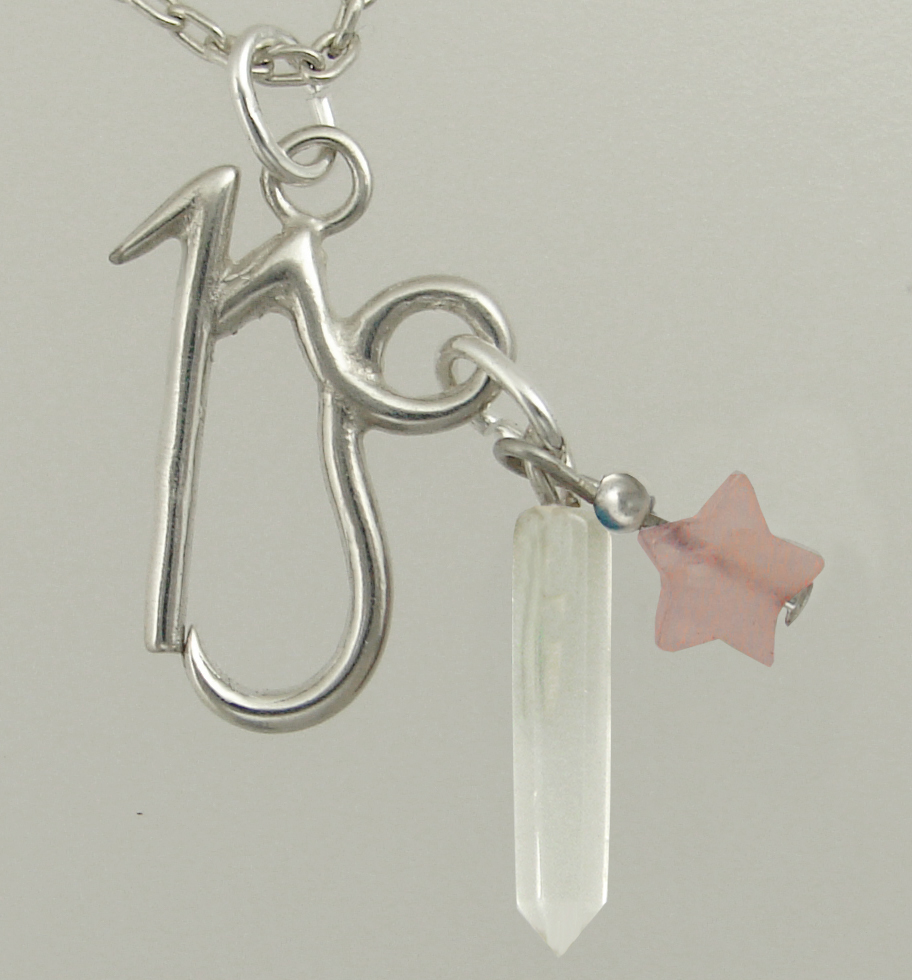 Sterling Silver Capricorn Pendant Necklace With an Clear Crystal And a Rose Quartz Star
